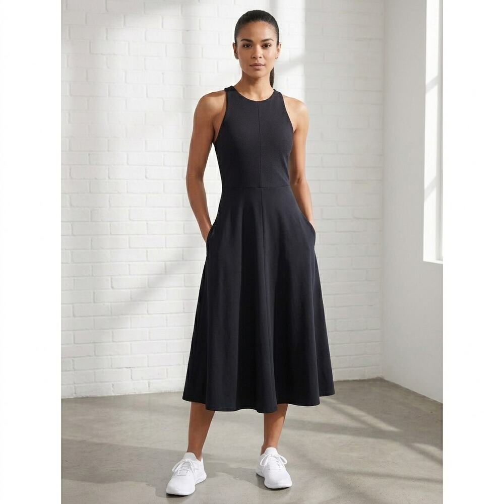 Athleta Winona Support Midi Dress XS Black Flowy Athleisure Cutout Back Gorpcore